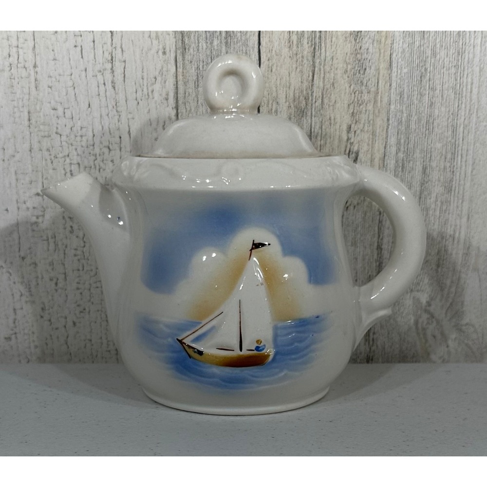 Porcelier Vintage Porcelain Teapot Sailboat Nautical Beach‎ Coastal Made in USA